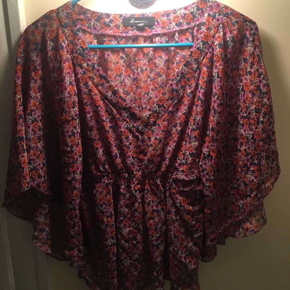 Floral blouse cinch waist winged short sleeves